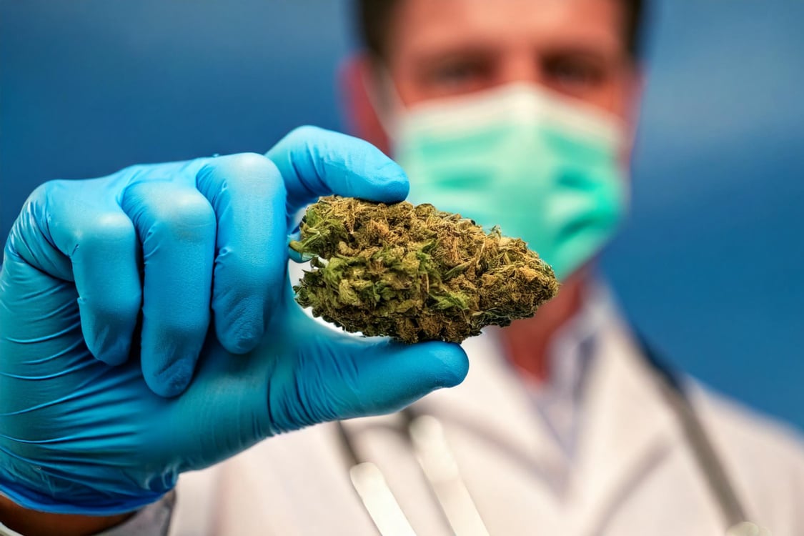 Person mit medizinischen Kenntnissen hält Cannabis in der Hand
